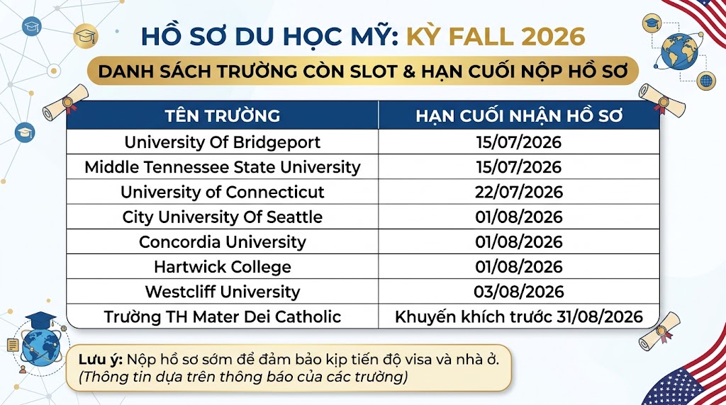 Cơ hội cuối cùng: tổng hợp các trường còn slot nhập học kỳ fall 2026 tại mỹ và úc