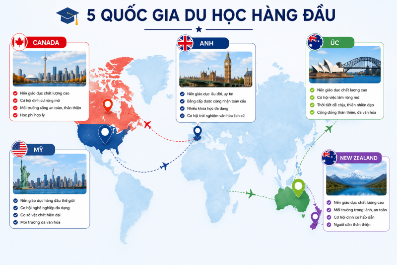 Nên chọn nước nào khi du học 2026? So sánh Úc – Canada – Anh – New Zealand – Mỹ